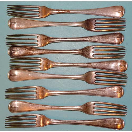 422 - Nine Georgian silver Old English thread table forks, maker WE, London 1776, (marks rubbed), ___17oz.... 