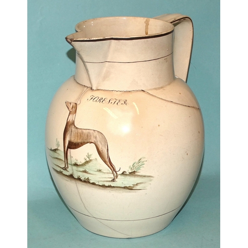 87 - A large 18th/19th century creamware jug painted with a greyhound or 'Long Dog' in a landscape, 