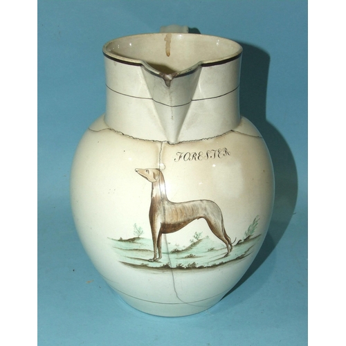 87 - A large 18th/19th century creamware jug painted with a greyhound or 'Long Dog' in a landscape, 