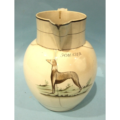 87 - A large 18th/19th century creamware jug painted with a greyhound or 'Long Dog' in a landscape, 