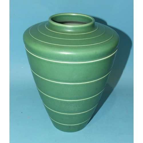 88 - A Keith Murray Wedgwood studio pottery green-glazed shoulder vase with ribbed decoration, shape no.3... 