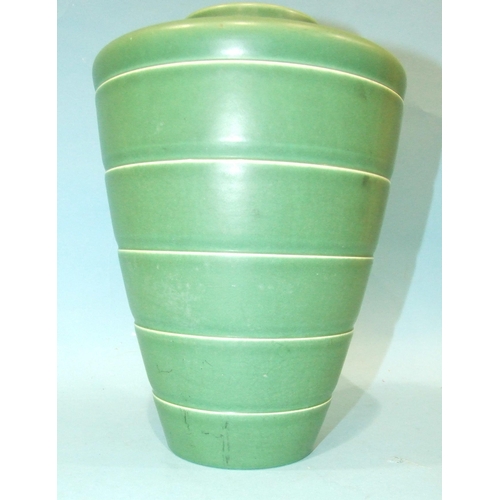 88 - A Keith Murray Wedgwood studio pottery green-glazed shoulder vase with ribbed decoration, shape no.3... 