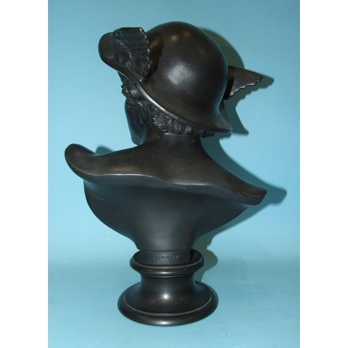 89 - A Wedgwood black basalt bust of Mercury raised on a socle, both sections impressed 