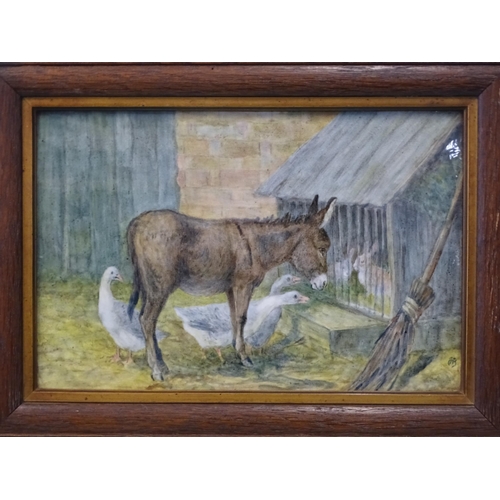 91 - A Hannah Barlow Doulton & Co. Ltd ceramic plaque painted with a donkey and geese, with rabbits i... 