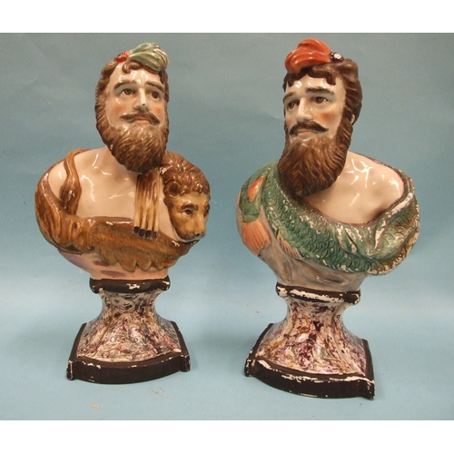 93 - A pair of 19th century pearlware painted busts depicting Neptune and Hercules, on marble-effect base... 