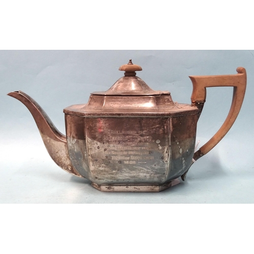 328 - A silver teapot of octagonal form bearing the inscription Presented to Professor T. Turner by his Co... 