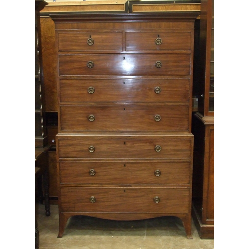 46 - A Georgian mahogany chest on chest, the upper part with two short and three long drawers, above thre... 