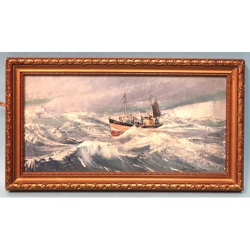 5 - English School (20th century) BRIXHAM TRAWLER BM70 IN HEAVY SEA Signed oil on board, G. Widger &... 