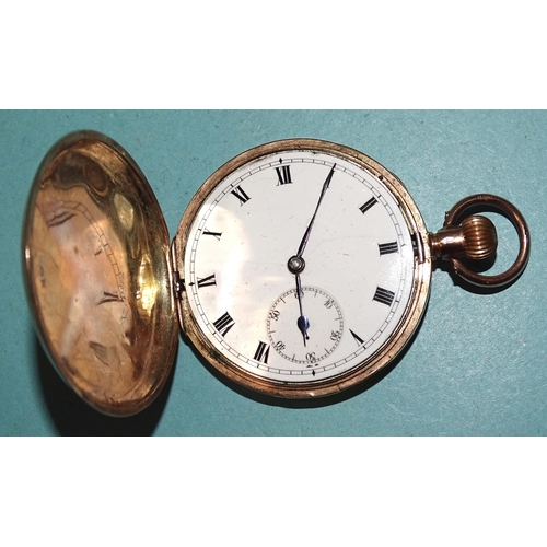 306 - A 9ct rose gold hunter-cased keyless pocket watch, the white enamel dial with seconds subsidiary and... 