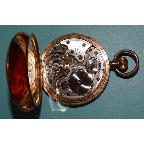 306 - A 9ct rose gold hunter-cased keyless pocket watch, the white enamel dial with seconds subsidiary and... 