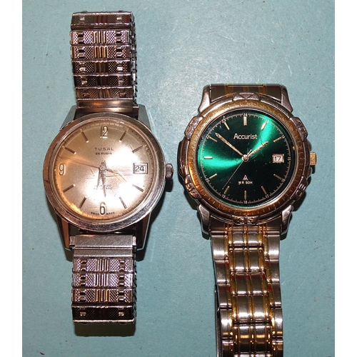 308 - A gent's Accurist Quartz Analogue wrist watch, boxed with spare links, (working), a Tusal Incabloc A... 