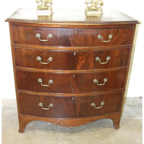 40 - A 19th century mahogany small bow-fronted chest of four long drawers, on splayed bracket feet, 80cm ... 