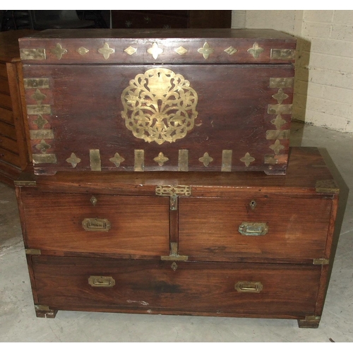 61 - An early-20th century Colonial rosewood and brass-bound military-style chest of two short and one lo... 