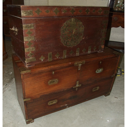 61 - An early-20th century Colonial rosewood and brass-bound military-style chest of two short and one lo... 