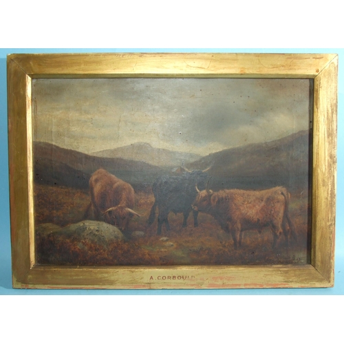 7 - Aster Corbould (1811-1882) THREE LONG-HORN CATTLE IN A HIGHLAND LANDSCAPE Signed oil on canvas, date... 