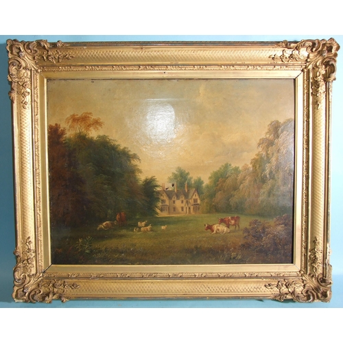 8 - 19th century English School CATTLE AND SHEEP GRAZING BEFORE A COUNTRY RESIDENCE Unsigned oil on canv... 