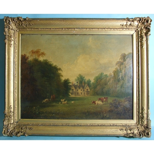 8 - 19th century English School CATTLE AND SHEEP GRAZING BEFORE A COUNTRY RESIDENCE Unsigned oil on canv... 