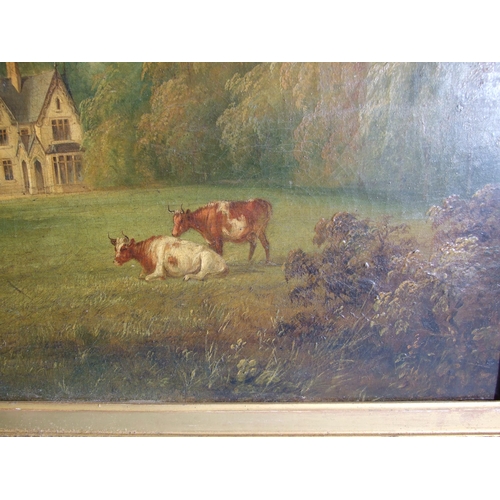 8 - 19th century English School CATTLE AND SHEEP GRAZING BEFORE A COUNTRY RESIDENCE Unsigned oil on canv... 