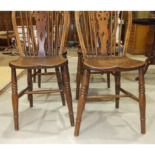 54 - A set of six 19th century elm and beech kitchen chairs, each back with spindles and central splat to... 