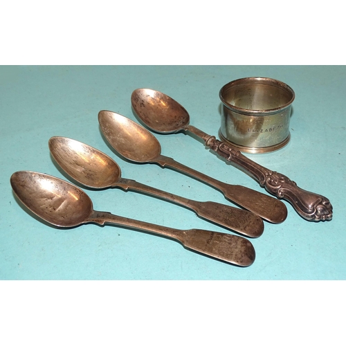 345 - Three Georgian teaspoons, (a/f), a Victorian silver-handled spoon and a silver napkin ring, weighabl... 