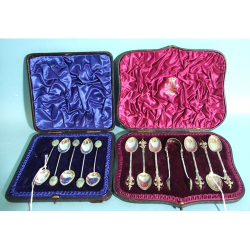 406 - A Victorian cased set of six teaspoons and tongs, Wakely & Wheeler, London 1808/9 and five (of s... 