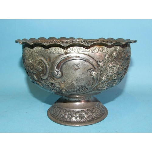 436 - A late-Victorian silver bowl with embossed foliate and scroll decoration, on circular foot, 18cm dia... 