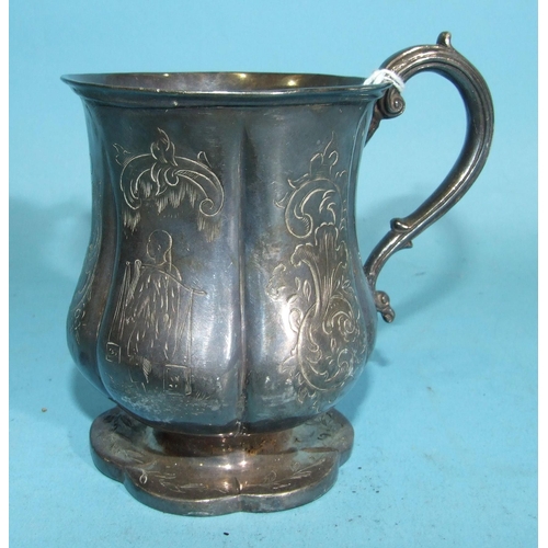 440 - An early-Victorian silver christening mug with etched Oriental figures and foliage decoration on pet... 