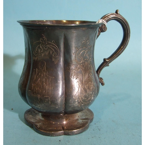 440 - An early-Victorian silver christening mug with etched Oriental figures and foliage decoration on pet... 