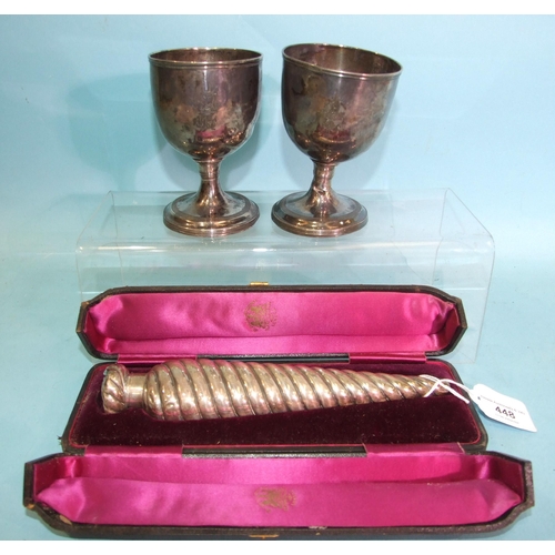 448 - A pair of George III silver goblets, 12cm high, London 1810, (1 a/f), maker T.W, total weight 10.8oz... 