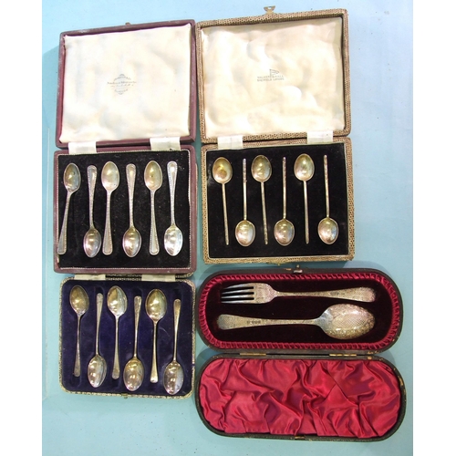 453 - A late-Victorian cased silver christening set of a spoon and fork with etched floral decoration, She... 