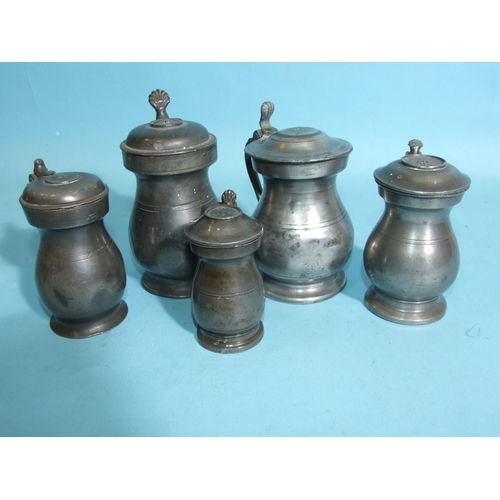 112 - A collection of Scottish pewter imperial baluster measures with hinged lids: ½-Pint, Gill (x2... 