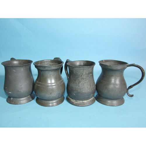 114 - Five pewter quart measures and four pint measures, all of baluster shape and bearing VR, GR and ER c... 