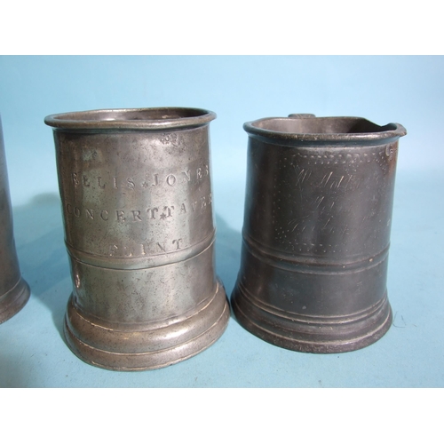 115 - A straight-sided pewter pint tankard engraved F Ellis Jones, Concert Tavern, Flint, 12cm high, (hand... 