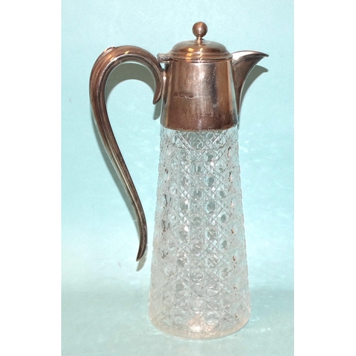 467 - A George V silver-mounted hobnail-cut glass claret jug, having a domed cover with spherical knop, sc... 