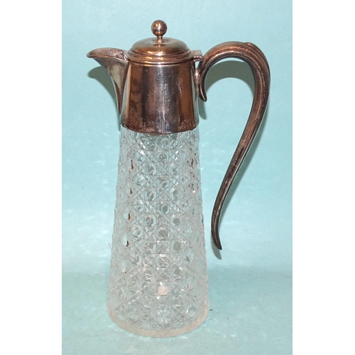 467 - A George V silver-mounted hobnail-cut glass claret jug, having a domed cover with spherical knop, sc... 