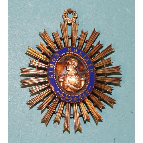 206 - A Venezuela gilt-metal and enamel Order of the Liberator, with silver-gilt head and shoulders portra... 