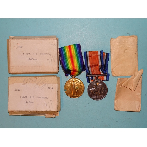 199 - A WWI pair awarded to 2829 C SJT H. C. Denning R Fus: British War and Victory medals, two Stock Exch... 