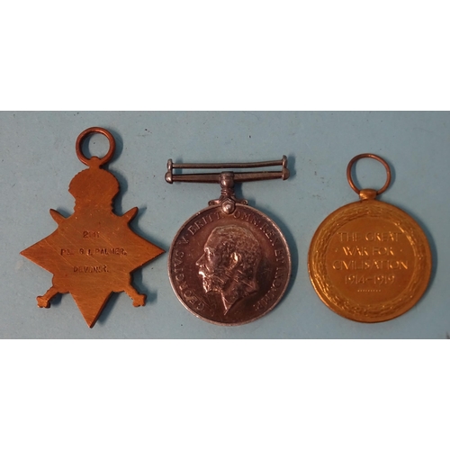 207 - A WWI trio awarded to 2141 Pte G. L. Palmer Devon R 1914-15 Star, British War and Victory Medals and... 