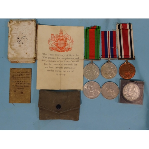 211 - A WWII group of three medals awarded to Norman B. Youldon: Defence and War medals 1938-45, with box ... 