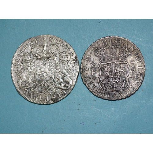 212 - A 1742 Netherlands Utrecht silver Ducaton, 32.1g and a 1740 Mexico 8-Reales, 25.8g, (2).... 