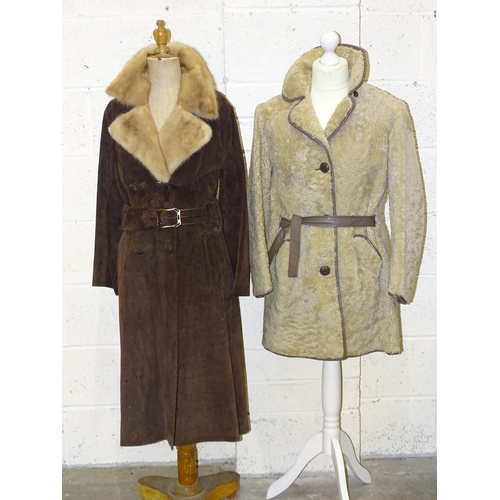 305 - A lady's long brown suede double-breasted coat, belted, with honey-coloured fur collar and lapels, s... 