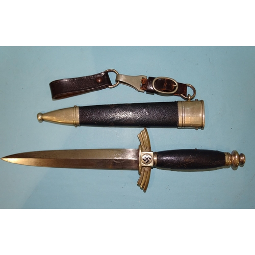 339 - A WWII German Third Reich DLV/Luftwaffe flyer's dagger with leather grip, cross guard with blackened... 