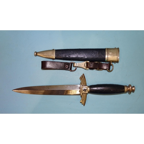 339 - A WWII German Third Reich DLV/Luftwaffe flyer's dagger with leather grip, cross guard with blackened... 