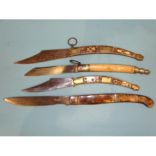 364 - Two Spanish knives with brass and stained bone handles, with two other knives, (4).