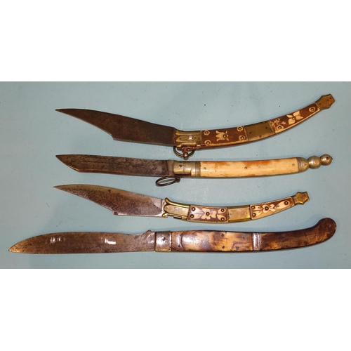 364 - Two Spanish knives with brass and stained bone handles, with two other knives, (4).