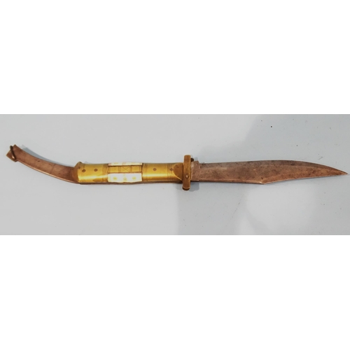 366 - An Indo-Persian brass and bone-inlaid folding knife with folding blade guard, the blade inscribed 