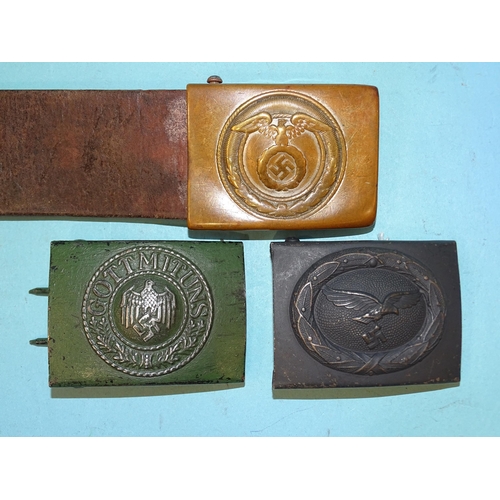 369 - A German WWII leather belt with SA belt buckle, a German army belt buckle stamped J.F.S. and a Luftw... 