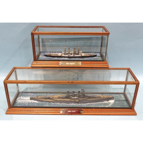 373 - Two waterline models of battleships: HMS Triumph, case 28cm long and HMS Tiger, case 43cm long, (2).... 