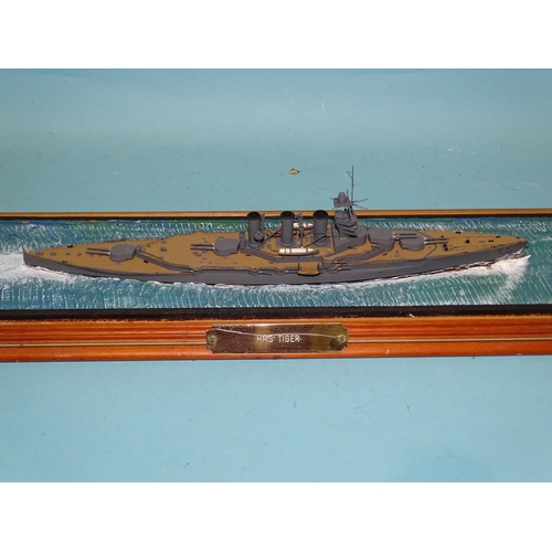 373 - Two waterline models of battleships: HMS Triumph, case 28cm long and HMS Tiger, case 43cm long, (2).... 