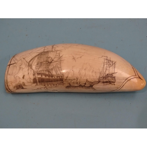 374 - A 19th century Arctic whaling scrimshaw tooth depicting a whaling scene of two ships, two boats with... 